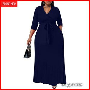 Plus Size Maxi Dress 3/4 Sleeve Wrap Flowy Long with Belt XL-6XL